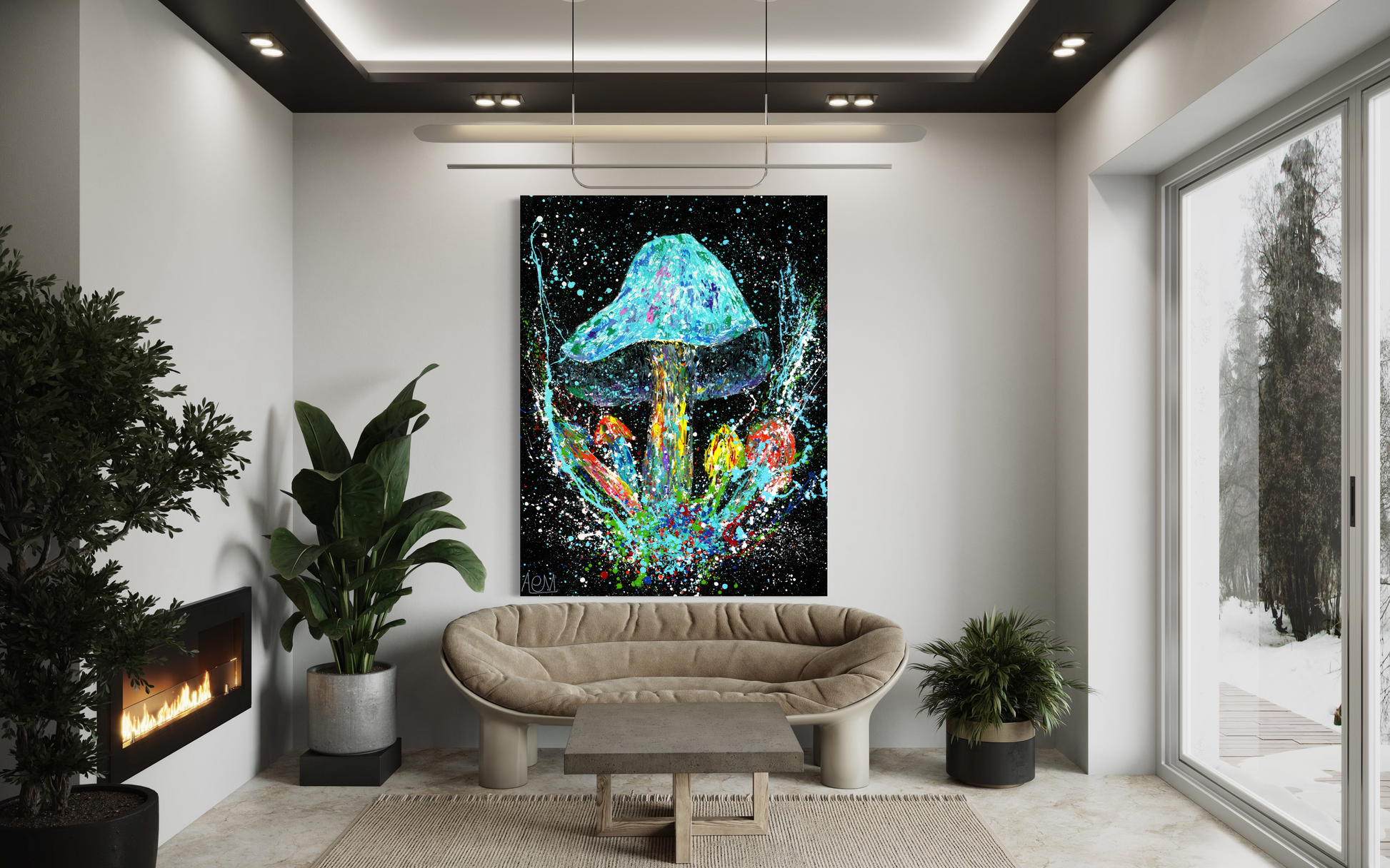 Modern living room featuring a mesmerizing large-scale abstract painting of a mushroom with a kaleidoscope of colors set against a black space-like background, positioned above a plush curved sofa, complemented by indoor plants and a sleek fireplace