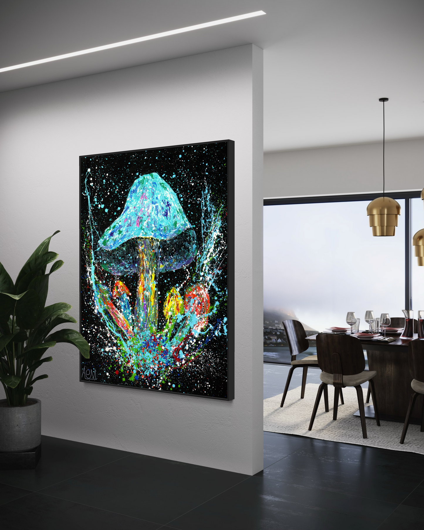 Luxurious open-plan space illuminated by minimalist LED lighting, featuring a bold, abstract canvas art piece of a colorful mushroom set against a cosmic background, adjacent to a sophisticated dining area with a view of the outdoors