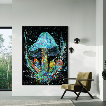 Expansive, vividly colored abstract mushroom artwork on a canvas, displayed in a stylish interior with a mid-century modern chair and chic pendant lights, bringing a touch of cosmic fantasy to the room.