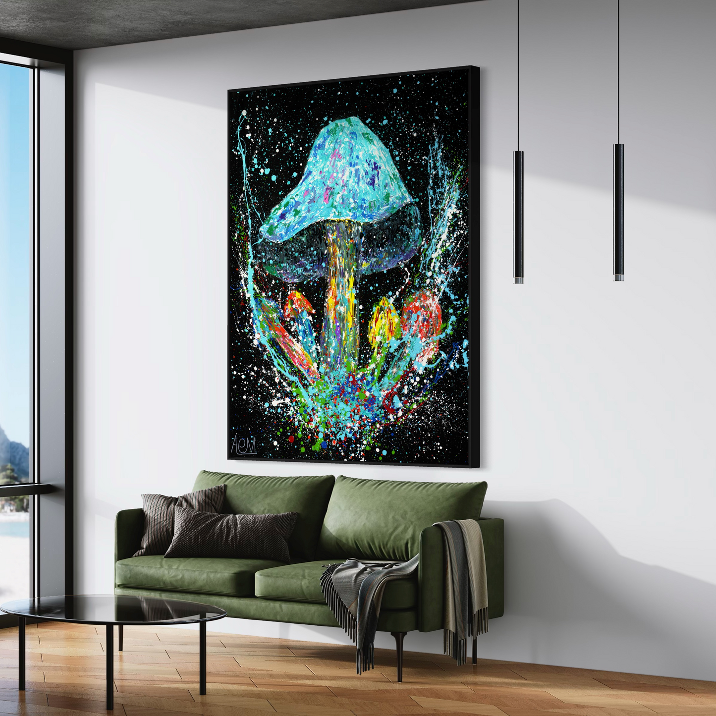 Contemporary living space with a captivating wall painting of a psychedelic mushroom in a splash of iridescent colors on a black background, above an olive green velvet sofa with coordinating throw pillows and blanket, flanked by modern hanging lights.