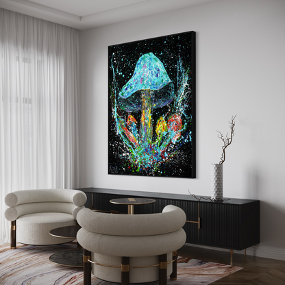 A modern living room showcases an oversized abstract painting of a multicolored, luminescent mushroom against a deep black backdrop, positioned over a sleek sideboard with avant-garde decor and flanked by two stylish, rounded armchairs