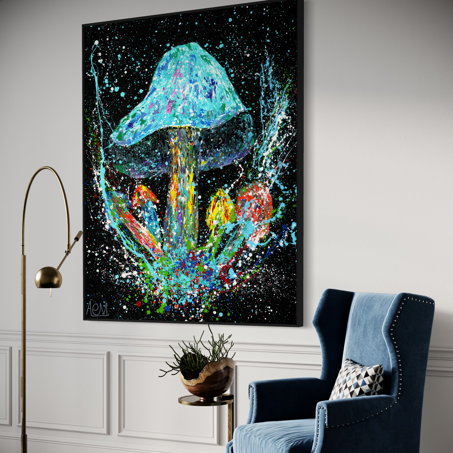Elegant interior with a large, vibrant abstract painting of a cosmic mushroom, set in a luxurious room with classic white wainscoting, beside a navy blue wingback chair with a geometric cushion, and a chic brass floor lamp.