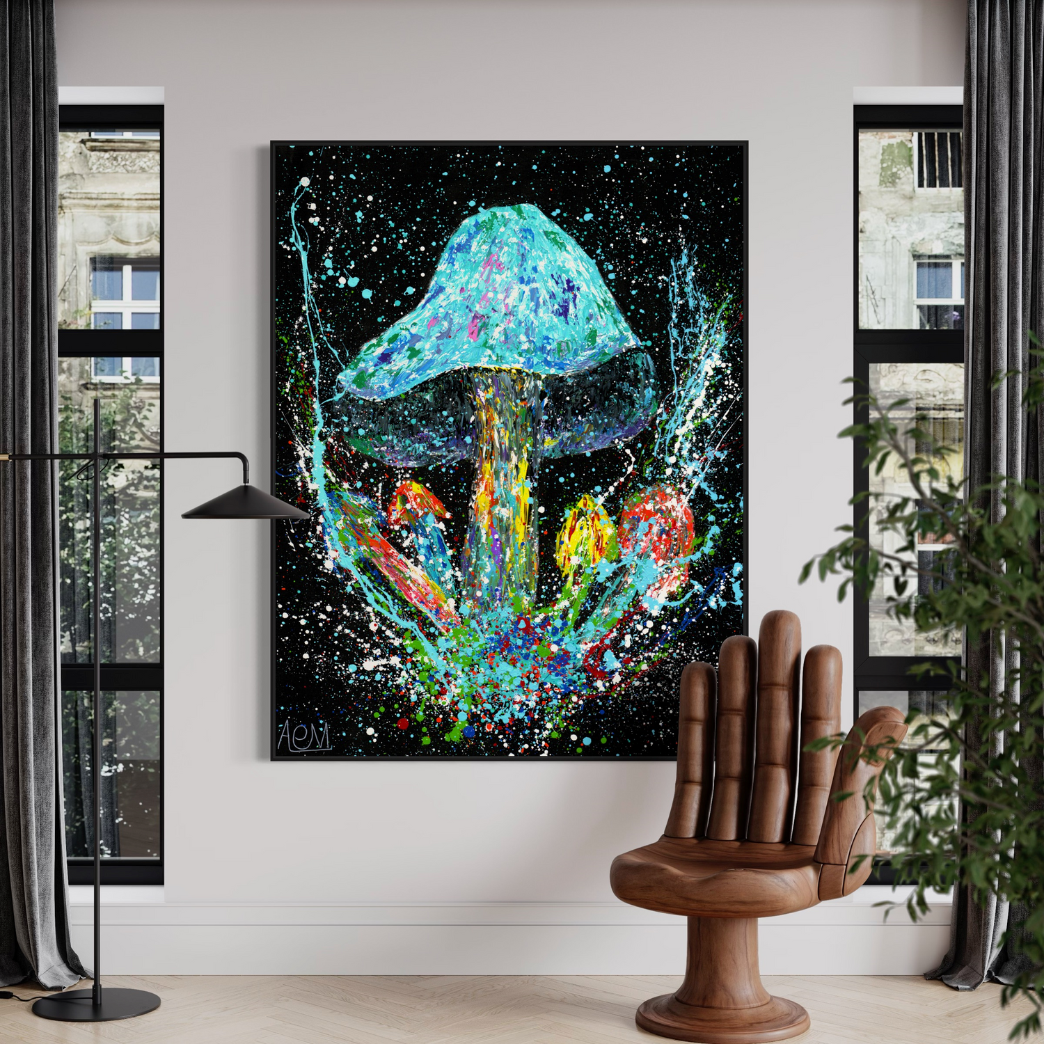 Striking, large-scale abstract painting of a neon-hued mushroom against a black backdrop, paired with a unique hand-shaped wooden chair in an urban room with a floor-to-ceiling window and lush greenery.