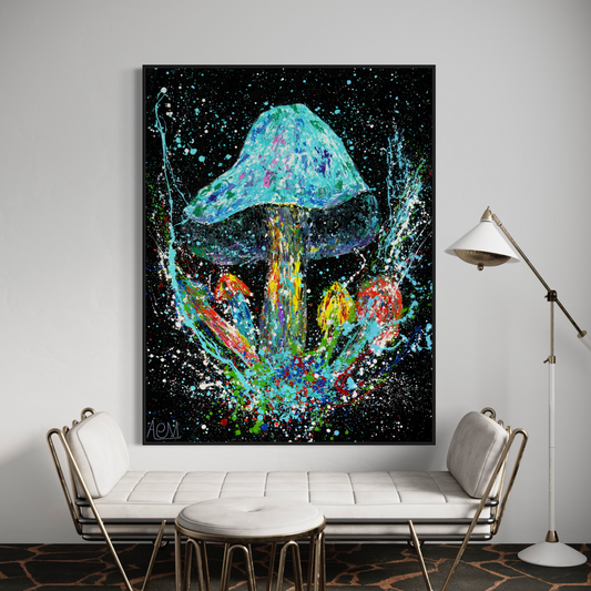 Abstract cosmic mushroom canvas painting dominating a modern living room wall, with vibrant splashes of color against a stark black background, creating a striking visual centerpiece above a minimalist white sofa.