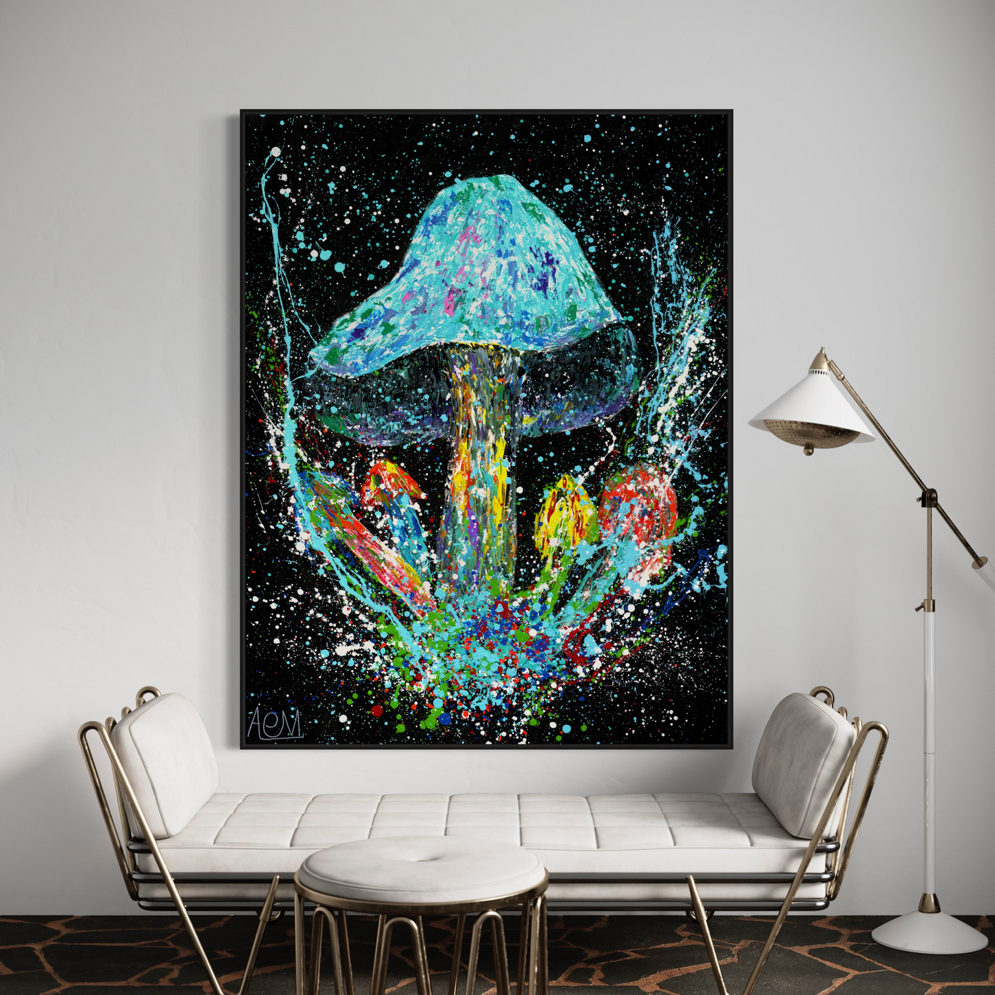 Abstract cosmic mushroom canvas painting dominating a modern living room wall, with vibrant splashes of color against a stark black background, creating a striking visual centerpiece above a minimalist white sofa.